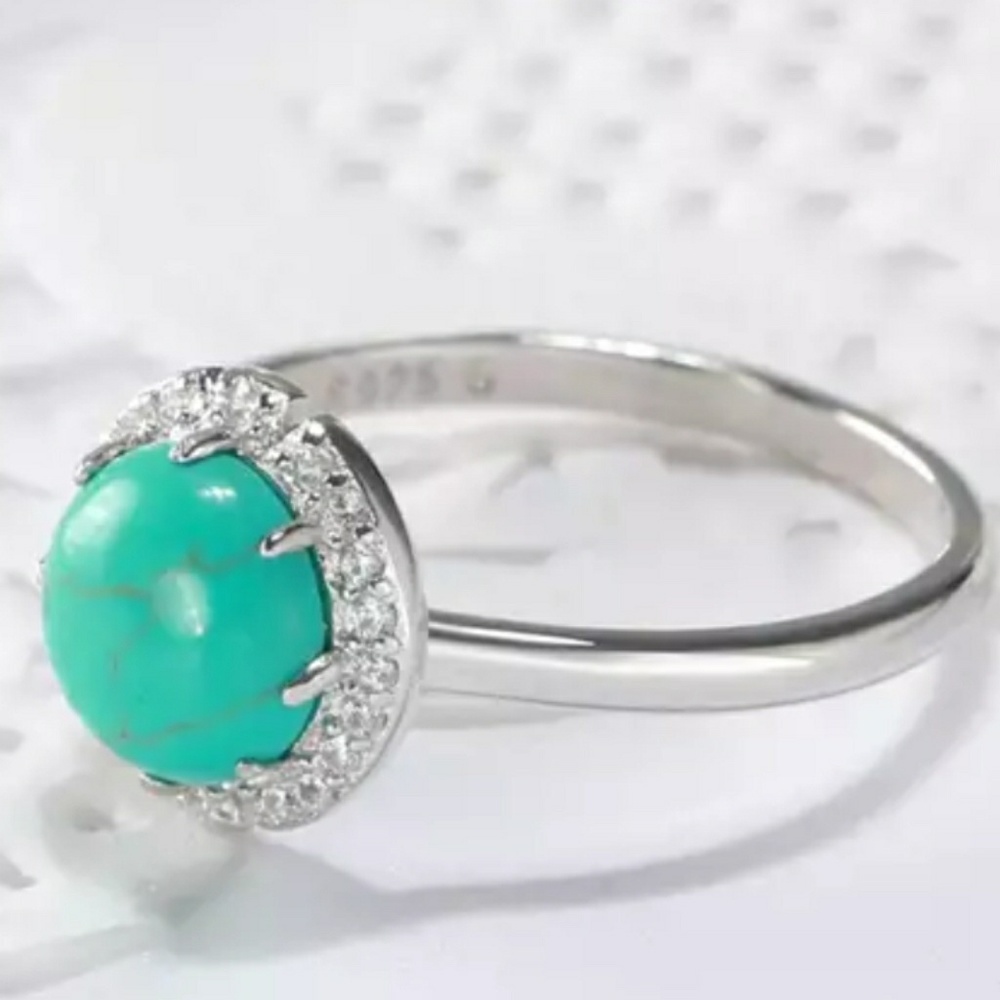 Silver Round Turquoise Diamond Fancy Halo Ring - Picture 4 of 6